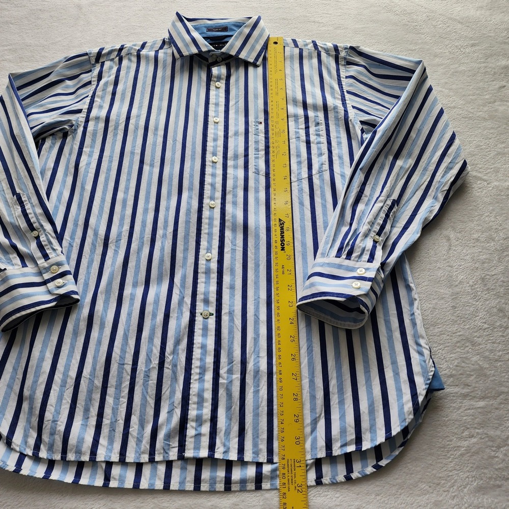 Tommy Hilfiger Button Up Shirt Mens XL Blue White Striped Trim Fit Formal Event - Picture 4 of 12